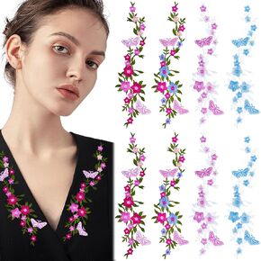 8 Pcs Butterfly Flower Embroidered Patches Long Floral Iron On Applique Patches Flower Sew on Embellishment Embroidery Patches for DIY Decorative Repair Clothing Dresses Backpacks