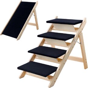 Wood Dog Stairs/Steps, 2-in-1 Foldable Pet Ramp with Non-Slip Pet Stairs for Small to Medium for Bed,Sofa, Couch, Car,Ladder Up to 110 Pounds Indoor Pet Dog Cat 4 Steps Stairs