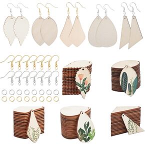 SUNNYCLUE 5 Styles 300Pcs Wooden Earring Charms Unfinished Natural Wood Leaf Teardrop Charms with Earring Hooks & Jump Rings for Beginners DIY Earring Making Jewelry Crafts Adults