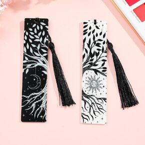 2Pcs Tree of Life, Monty Python, Eclipse, Skull Bookmarks - Tarot Elemental Pattern Acrylic Bookmark Series, Tasseled Fine Reading Markers, Decorations for Bookworms (Night & Day Eclipse)