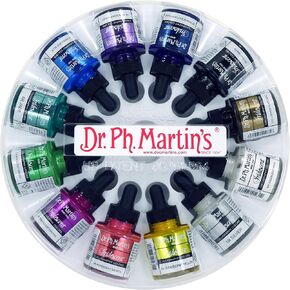 Dr. Ph. Martin's Iridescent Calligraphy Color (Set 1) Ink Set, 1.0 oz, Set 1 Colors, 1 Set of 12 Bottles