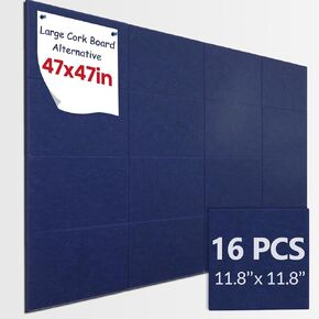 Large Cork Boards Alternative for Walls 47"X 47"-16 Pack 11.8"X11.8" Felt Wall Tiles with Safe Removable Adhesive Tabs Photo Corkboards Bulletin Boards Pin Board for Office Home Decor, Turquoise Blue