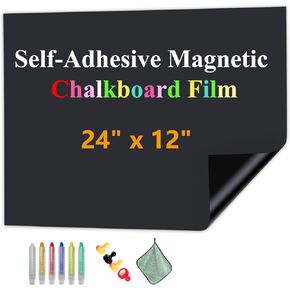 Magnetic Chalkboard Film with Adhesive, 24" x 12" Magnetic Blackboard Sheet Sticker for Wall, Dry Erase Chalk Board for Office, School, and Kids, Includes Dustless Chalk, Wiping Cloth, and Magnet