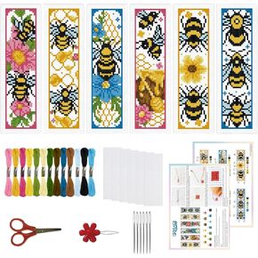 ORIGACH 6 Set Bees Cross Stitch Bookmark Kit for Beginner with Backing Felt Floss Instructions DIY Stamped Embroidery Bookmark Kit for Adults, Book Lovers