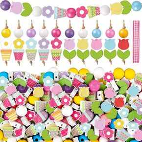 240 Pcs Spring Wood Beads with Twine Tulip Spring Flowers Wooden Beads Garland Easter DIY Crafts Round Beads for Spring Party Farmhouse Home Decor