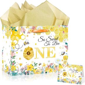 Honey Bee One 1st Birthday Gift Bag for Girls Boys So Sweet To Bee One Gift Bag Bumble Bee First Birthday Gift Wrapping Paper with Tissue Paper and Greeting Card for First Bee Day Party Supplies
