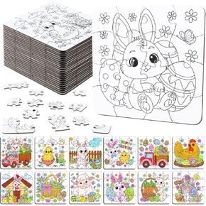 24 Pack Easter Color Your Own Jigsaw Puzzles for Kids Mini Easter Bunny Puzzles Bulk DIY Coloring Paper Jigsaw Party Favors Gifts Exchange Classroom Activities Home Educational Game Toy