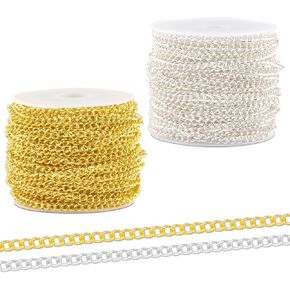 32ft Metal Gold Necklace Chain, Golden Iron Cross Chain for Jewelry Making, Metal Iron Necklace Chain for DIY Craft, Link Cable O-Shaped Chain Curb Link Chain for Jewelry Accessories (Silver, Gold)