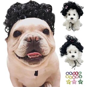 Funny Dog Wig with Free Leather Straps and Hair Clips Trimmable Pet Costume Cat Role Play Decoration Suitable for Halloween Christmas Party (Black Straight Hair)