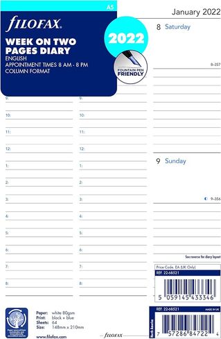 Filofax Calendar Diary Refill, A5 Size, Week-to-View with Appointments, White Paper, English, 2025 (C68521-25) in Saudi Arabia