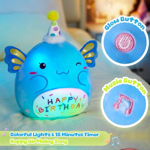 Light up Musical Happy Birthday Axolotl Plush Pillow,LED Stuffed Animals,Blue Axolotl Glowing Plush Toy,Light-up Singing Plush Birthday Gift for Toddler Boys Girls,14'' in Saudi Arabia