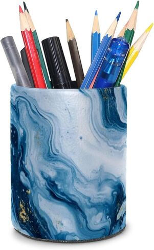 Decorative Pen Holder Stand for Desk Accessories, PU Leather Waterproof Pencil Marker Makeup Brush Cup, Stationery Organizer for Office, School, Home (Blue White Gold Liquid) in Saudi Arabia