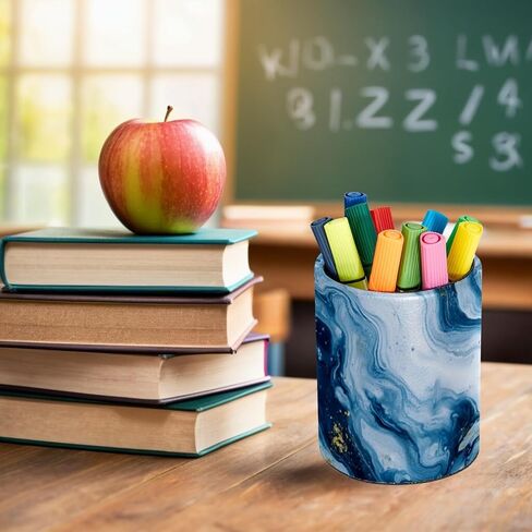 Decorative Pen Holder Stand for Desk Accessories, PU Leather Waterproof Pencil Marker Makeup Brush Cup, Stationery Organizer for Office, School, Home (Blue White Gold Liquid) in Saudi Arabia