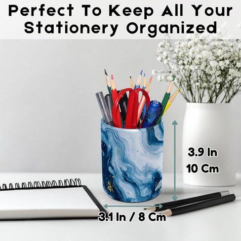 Decorative Pen Holder Stand for Desk Accessories, PU Leather Waterproof Pencil Marker Makeup Brush Cup, Stationery Organizer for Office, School, Home (Blue White Gold Liquid) in Saudi Arabia