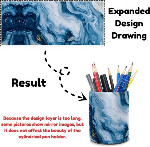 Decorative Pen Holder Stand for Desk Accessories, PU Leather Waterproof Pencil Marker Makeup Brush Cup, Stationery Organizer for Office, School, Home (Blue White Gold Liquid) in Saudi Arabia