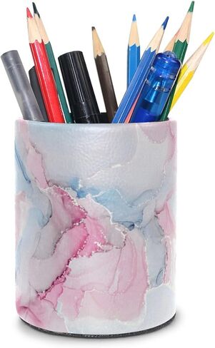 Decorative Pen Holder Stand for Desk Accessories, PU Leather Waterproof Pencil Marker Makeup Brush Cup, Stationery Organizer for Office, School, Home (Blue White Gold Liquid) in Kuwait