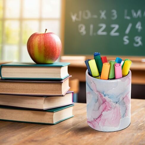 Decorative Pen Holder Stand for Desk Accessories, PU Leather Waterproof Pencil Marker Makeup Brush Cup, Stationery Organizer for Office, School, Home (Blue White Gold Liquid) in Kuwait