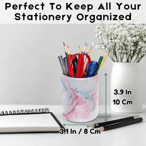 Decorative Pen Holder Stand for Desk Accessories, PU Leather Waterproof Pencil Marker Makeup Brush Cup, Stationery Organizer for Office, School, Home (Blue White Gold Liquid) in Kuwait
