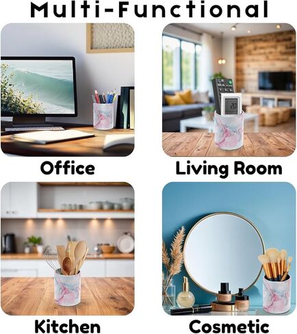 Decorative Pen Holder Stand for Desk Accessories, PU Leather Waterproof Pencil Marker Makeup Brush Cup, Stationery Organizer for Office, School, Home (Blue White Gold Liquid) in Kuwait