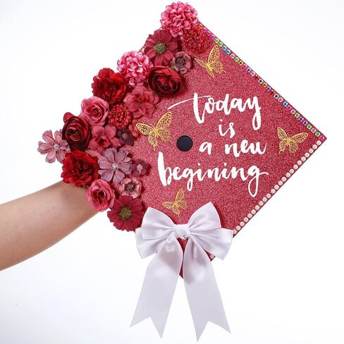 Gilprop Graduation Grad Cap Decorations Set DIY Glitter Card Stock Stock Paper Bow Flower Heads 3D Butterfly Stickers Rhinestons Letter Dots Leshesive Dots for Grad Hat (Red) in Kuwait