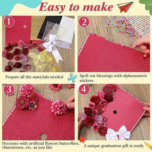 Gilprop Graduation Grad Cap Decorations Set DIY Glitter Card Stock Stock Paper Bow Flower Heads 3D Butterfly Stickers Rhinestons Letter Dots Leshesive Dots for Grad Hat (Red) in Kuwait