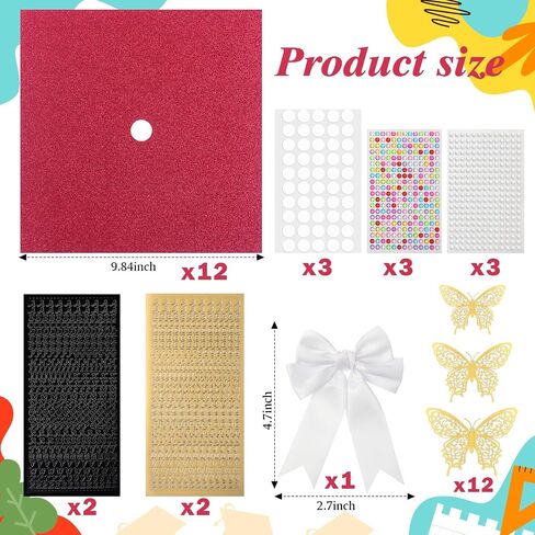 Gilprop Graduation Grad Cap Decorations Set DIY Glitter Card Stock Stock Paper Bow Flower Heads 3D Butterfly Stickers Rhinestons Letter Dots Leshesive Dots for Grad Hat (Red) in Kuwait