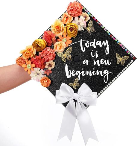 Gilprop Graduation Grad Cap Decorations Set DIY Glitter Card Stock Stock Paper Bow Flower Heads 3D Butterfly Stickers Rhinestons Letter Dots Leshesive Dots for Grad Hat (Red) in Kuwait