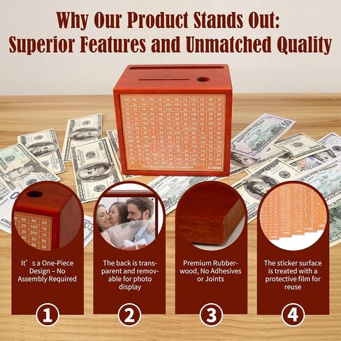 10000 Savings Challenge Box with Photo Display, Customizable Wooden Piggy Bank for Adults Kids, Money Saving Box for Boys and Girls, Funny Cash Vault Coin Bank, Alcancias de Dinero para Adultos in Saudi Arabia