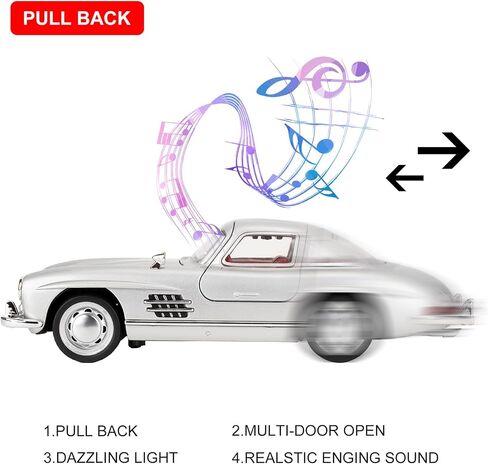 1955 Mercedes-Benz 300sl Vintage Car Model, 1/32 Toy Car with Sound and Light Function, Children's Toy Model Car with PullBack Function, Collector's Quality Model Car, Gift for Children (silver) in Kuwait