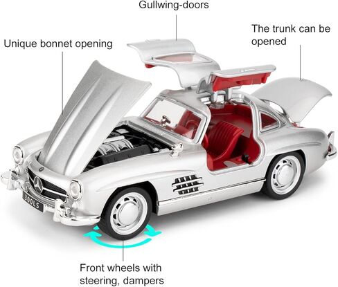 1955 Mercedes-Benz 300sl Vintage Car Model, 1/32 Toy Car with Sound and Light Function, Children's Toy Model Car with PullBack Function, Collector's Quality Model Car, Gift for Children (silver) in Kuwait