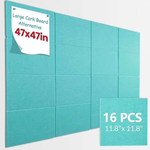 Large Cork Boards Alternative for Walls 47"X 47"-16 Pack 11.8"X11.8" Felt Wall Tiles with Safe Removable Adhesive Tabs Photo Corkboards Bulletin Boards Pin Board for Office Home Decor, Turquoise Blue in Kuwait