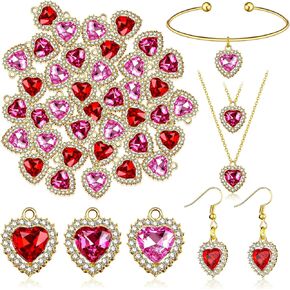 48 Pcs Heart Rhinestone Charms Alloy Valentine Heart Charms Pendants for Jewelry Making Crystal Dangle Pendants for Valentines DIY Necklace Earring Bracelet Crafts Jewelry Making