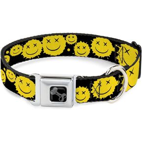 Buckle-Down Pet Collar, Dog Collar Metal Seatbelt Buckle, Smiley Face Splatter Scattered Black Yellow, 16 to 23 Inches 1.5 Inch Wide