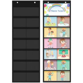 2 Pack Pocket Chart for Classroom 29.5 x 10 in 12+1 Pockets Hanging Wall File Organizer for Cards,Pictures,Class Management Educational Behavior Chart,Teacher Office Organization(Black)