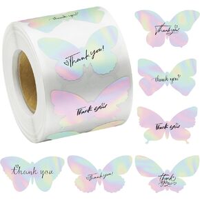 600Pcs Butterfly Thank You Stickers Roll Holographic Rainbow Foil Self Adhesive Labels Tags for Small Business Packing Envelope Seal Spring DIY Crafts Gift Wedding Party Favors Greeting Card, 1.5 Inch