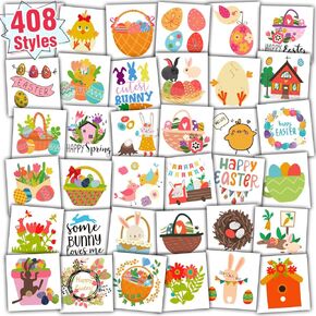 Partywind 408 PCS Tattoos for Kids Easter Basket Stuffers, Easter Party Supplies Favors, Spring Decorations with Easter Eggs/Chicks/Rabbits, Egg Hunt Game Prizes (Individually Wrapped Cut)