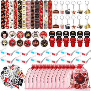 122 Pcs Movie Night Party Favors Set Movie Night Slap Bracelets Badges Stampers Keychains Red Blue Glasses Stickers for Red Carpet Baby Shower Birthday Party Decorations Supplies
