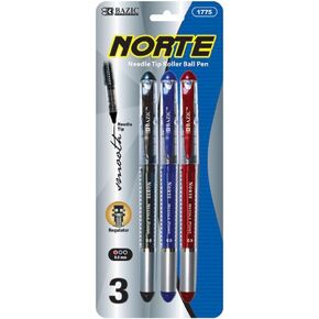 BAZIC Norte Asst. Color Needle-Tip Rollerball Pen (3/Pack)