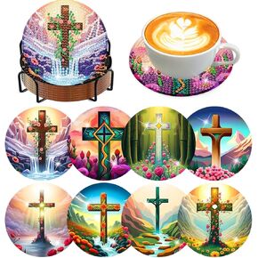 8 PCS Diamond Art Coasters مجموعات للبالغين - Cross Cross Diamond Painting Coasters مجموعات للبالغين مع حامل Cork Pads DIY Diamy Diamond Art Dots Coaster