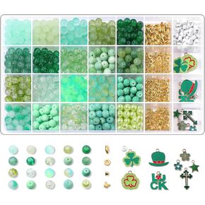 850Pcs St. Patrick's Day Beads for Bracelets Making Kit -8mm Crystal Bead Round with Gold Spacer Beads Alloy Shamrock Hat Pendants for Bracelet Spring Jewelry Making Kit Beginner Adult Craft(Green)