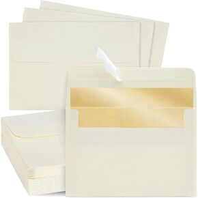 50 Pack 4x6 Ivory Envelopes for Invitations, Wedding, A6 Size with Gold Lining and Self Adhesive Peel and Stick