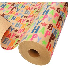 LaRibbons Birthday Wrapping Paper Jumbo 24 Inch x 417 Feet(834 sq. ft. ttl.) Half Ream Kraft Gift Wrap Paper with Colorful Text Happy Birthday Pattern for Baby Shower Holiday Party