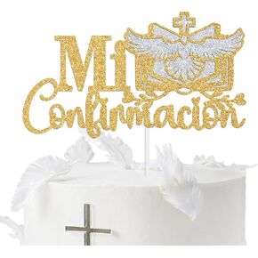 Mi Confirmacion Cake Topper, Spanish First Holy Communion/Gold Bless, Religious Baby Shower/Baby's 1st Birthday/Baptism Party Decorations Supplies for Boys Girls, Silver and Gold Glitter