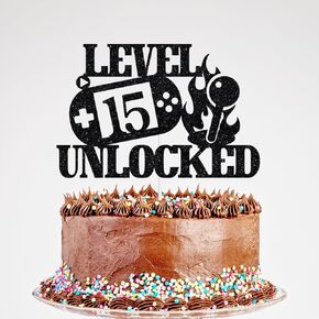Level 15 Unlocked Cake Topper, Level Up Happy 15th Birthday Cake Topper, Player Birthday Party Supplies Black Glitter
