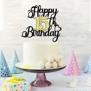 Happy 14th Birthday Cake Topper Black Gold Glitter Happy 14th Birthday Party Cake Pick for 14th Anniversary Cheers to 14 Years Birthday Party Decoration (14)