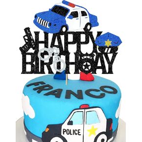 Confetti! Police Birthday Cake Topper Policeman Officer Police Car Themed for Kids Boy Girl Man Happy Birthday Retirement Party Supplies Black Glitter Decorations