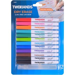 TWOHANDS Dry Erase Markers Ultra Fine Tip with Cleaner,0.7mm,Low Odor,Extra Fine Point,11 Assorted Colors,Whiteboard Markers for Office,Home,or Planning Whiteboard,12 Count,20567