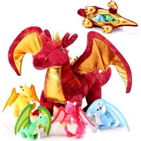 Lenwen 5 Pcs Plush Dragon Stuffed Animals 16 Inch Large Mommy Dragon Plush with 4 Babies in Zippered Belly Dragon Plush Toys for Easter Graduation Gifts Birthday Party Decor Classroom Award
