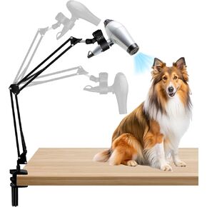 Dog Hair Dryer Holder,Blow Dryer Stand for Dog,Hands-Free 360° Rotating Pet Grooming Table Blow Dryer Stand with Adjustable Arm,Dog Tabletop Hair Dryer