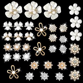 36 PCS Pearl Flower Rhinestone Buttons, Wedding Rhinestone Button Pearl Brooch Embellishments for Jewelry Making DIY Decoration